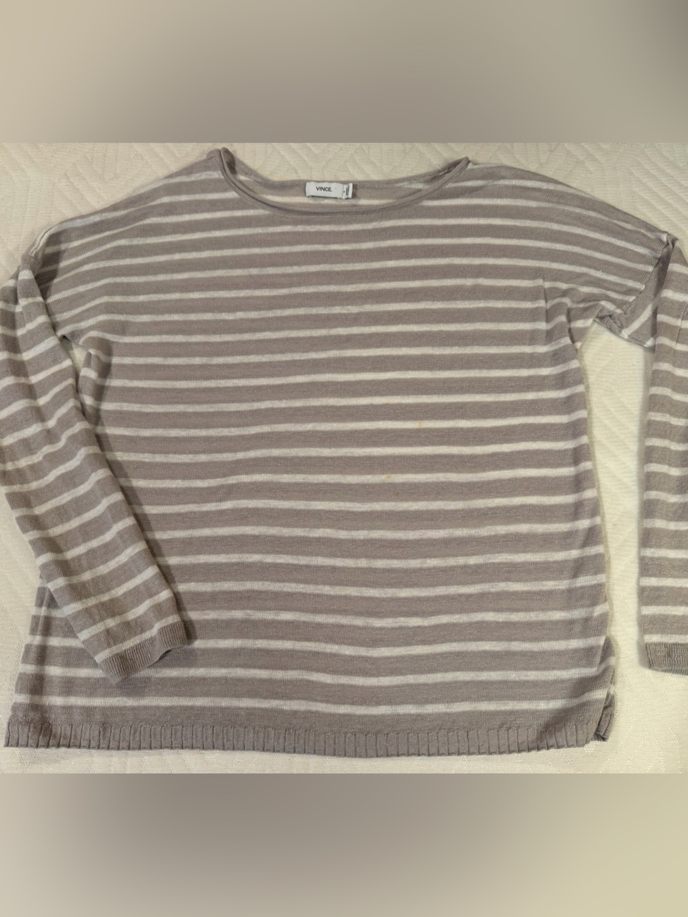 Vince Gray and White Striped Crewneck Sweater, Size S